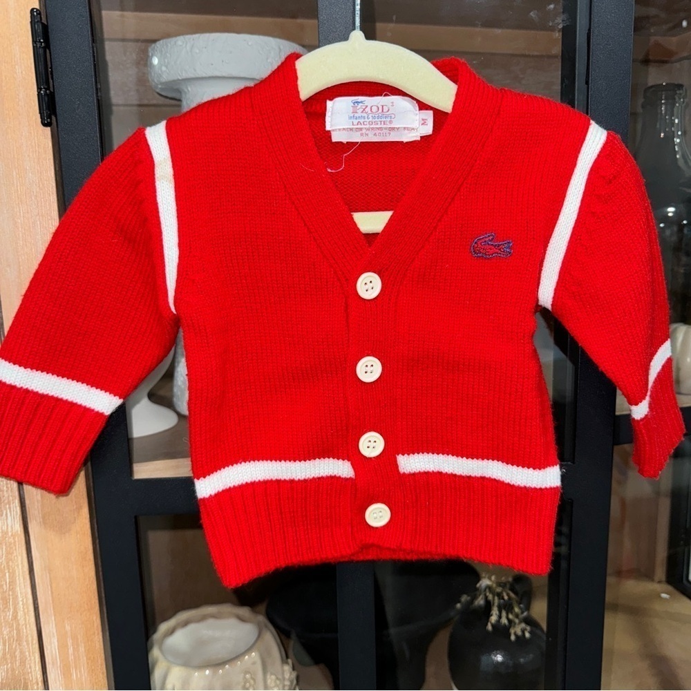1970s Vintage Lacoste IZOD Baby Cardigan Knit Sweater Crocodile Logo Preppy